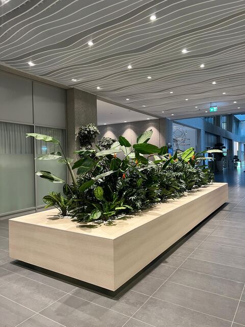 Bac à fleurs monumental dans un hall d'accueil d'entreprise